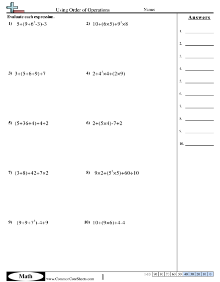 Using Order of Operations (No Negatives) Worksheet - Using Order of Operations worksheet